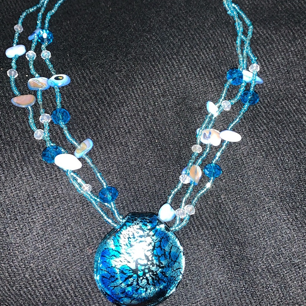 Vintage Seed beads , crystals,abalone shells pendent necklace